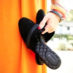 BIRDIES The Ani Black Fringe Suede Slippers Slip On Slide Mule Women’s Size 9.5